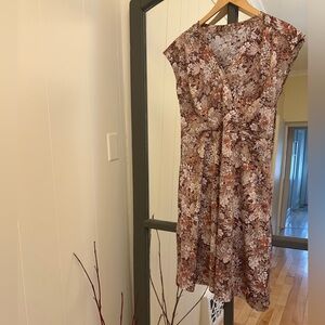Floral V-Neck Cap Sleeve Dress in Warm Brown and Pink Colour Silky Fabric
